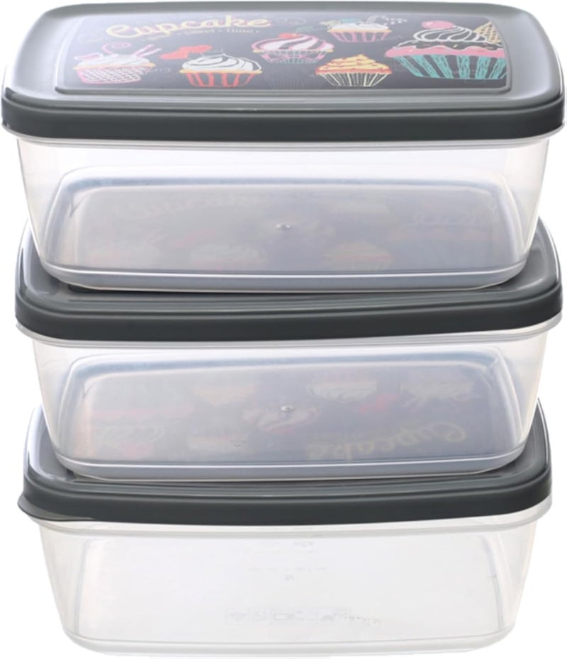 BB High Quality Set of 3 Clear Plastic Rectangular Microwave Containers with Decorative Lid 850ml - Multi Color